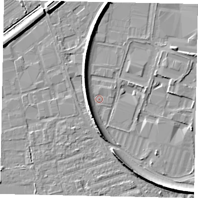 Shaded relief map of the ground around KT130XG, computed from Environment Agency LiDAR. The ground here sits at about 15 m above sea level and falls 8 m across the surrounding 800 m. Surface water reaching this point runs off ground lying to the west-south-west, 6.1 m higher.