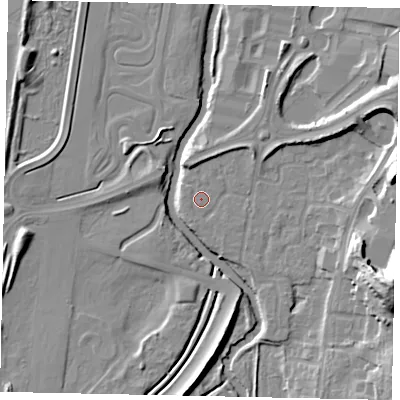 Shaded relief map of the ground around KT130XH, computed from Environment Agency LiDAR. The ground here sits at about 15 m above sea level and falls 27 m across the surrounding 800 m. Surface water reaching this point runs off ground lying to the east, 13.7 m higher.