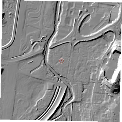 Shaded relief map of the ground around KT130XJ, computed from Environment Agency LiDAR. The ground here sits at about 15 m above sea level and falls 28 m across the surrounding 800 m. Surface water reaching this point runs off ground lying to the east-south-east, 24.5 m higher.
