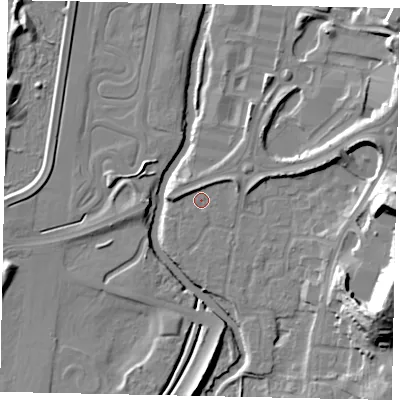 Shaded relief map of the ground around KT130XL, computed from Environment Agency LiDAR. The ground here sits at about 15 m above sea level and falls 28 m across the surrounding 800 m. Surface water reaching this point runs off ground lying to the north, 2.0 m higher.