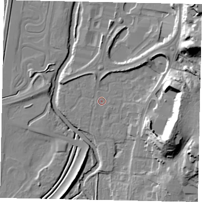 Shaded relief map of the ground around KT130XN, computed from Environment Agency LiDAR. The ground here sits at about 15 m above sea level and falls 28 m across the surrounding 800 m. Surface water reaching this point runs off ground lying to the south-south-east, 1.0 m higher.