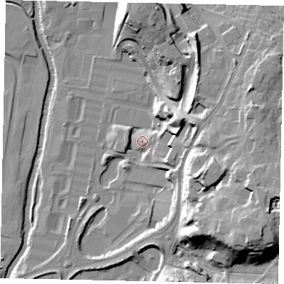 Shaded relief map of the ground around KT130XP, computed from Environment Agency LiDAR. The ground here sits at about 17 m above sea level and falls 33 m across the surrounding 800 m. Surface water reaching this point runs off ground lying to the east-south-east, 2.8 m higher.