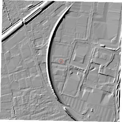 Shaded relief map of the ground around KT130XQ, computed from Environment Agency LiDAR. The ground here sits at about 16 m above sea level and falls 8 m across the surrounding 800 m. Surface water reaching this point runs off ground lying to the south-west, 6.2 m higher.