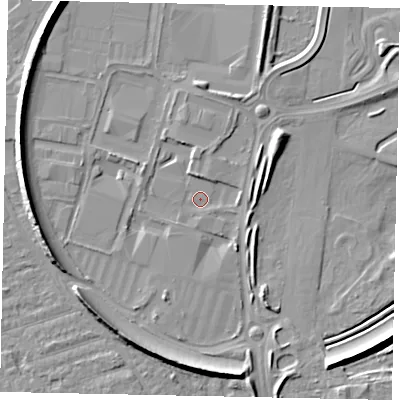 Shaded relief map of the ground around KT130XR, computed from Environment Agency LiDAR. The ground here sits at about 15 m above sea level and falls 9 m across the surrounding 800 m. Surface water reaching this point runs off ground lying to the east-south-east, 2.6 m higher.