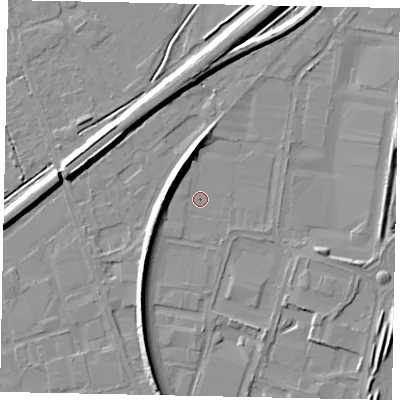 Shaded relief map of the ground around KT130YF, computed from Environment Agency LiDAR. The ground here sits at about 15 m above sea level and falls 8 m across the surrounding 800 m. Surface water reaching this point runs off ground lying to the south-west, 5.9 m higher.