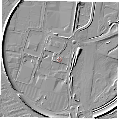 Shaded relief map of the ground around KT130YP, computed from Environment Agency LiDAR. The ground here sits at about 16 m above sea level and falls 9 m across the surrounding 800 m. Surface water reaching this point runs off ground lying to the south-south-west, 0.5 m higher.