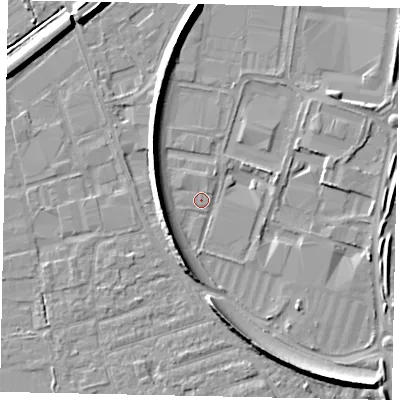 Shaded relief map of the ground around KT130YT, computed from Environment Agency LiDAR. The ground here sits at about 15 m above sea level and falls 8 m across the surrounding 800 m. Surface water reaching this point runs off ground lying to the west, 6.6 m higher.