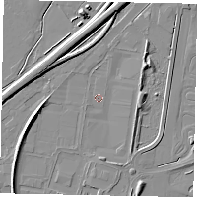 Shaded relief map of the ground around KT130YU, computed from Environment Agency LiDAR. The ground here sits at about 15 m above sea level and falls 8 m across the surrounding 800 m. Surface water reaching this point runs off ground lying to the south-west, 6.3 m higher.