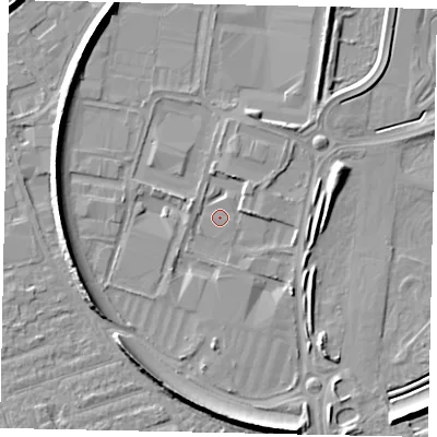 Shaded relief map of the ground around KT130YX, computed from Environment Agency LiDAR. The ground here sits at about 15 m above sea level and falls 8 m across the surrounding 800 m. Surface water reaching this point runs off ground lying to the west, 7.2 m higher.