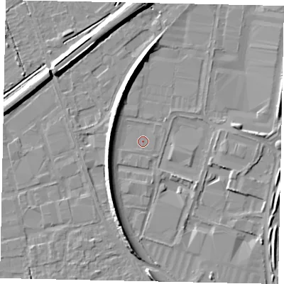 Shaded relief map of the ground around KT130YZ, computed from Environment Agency LiDAR. The ground here sits at about 15 m above sea level and falls 8 m across the surrounding 800 m. The ground contributing surface water to this point lies to the south.