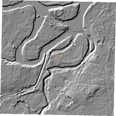 Shaded relief map of the ground around KT138BJ, computed from Environment Agency LiDAR. The ground here sits at about 11 m above sea level and falls 9 m across the surrounding 800 m. Surface water reaching this point runs off ground lying to the west-south-west, 2.5 m higher.
