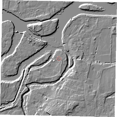 Shaded relief map of the ground around KT138BP, computed from Environment Agency LiDAR. The ground here sits at about 11 m above sea level and falls 9 m across the surrounding 800 m. Surface water reaching this point runs off ground lying to the south, 1.8 m higher.
