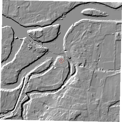 Shaded relief map of the ground around KT138BT, computed from Environment Agency LiDAR. The ground here sits at about 11 m above sea level and falls 9 m across the surrounding 800 m. Surface water reaching this point runs off ground lying to the south-east, 1.1 m higher.