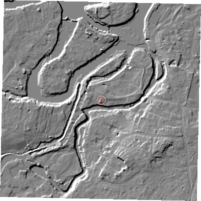 Shaded relief map of the ground around KT138BW, computed from Environment Agency LiDAR. The ground here sits at about 12 m above sea level and falls 9 m across the surrounding 800 m. Surface water reaching this point runs off ground lying to the south-east, 8.9 m higher.