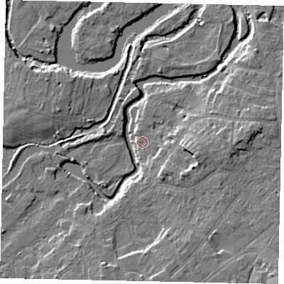 Shaded relief map of the ground around KT138EQ, computed from Environment Agency LiDAR. The ground here sits at about 11 m above sea level and falls 11 m across the surrounding 800 m. Surface water reaching this point runs off ground lying to the east-south-east, 7.6 m higher.