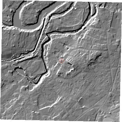 Shaded relief map of the ground around KT138EU, computed from Environment Agency LiDAR. The ground here sits at about 13 m above sea level and falls 13 m across the surrounding 800 m. Surface water reaching this point runs off ground lying to the east-south-east, 5.3 m higher.