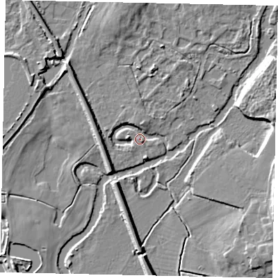 Shaded relief map of the ground around KT138GJ, computed from Environment Agency LiDAR. The ground here sits at about 13 m above sea level and falls 7 m across the surrounding 800 m. Surface water reaching this point runs off ground lying to the north, 3.0 m higher.