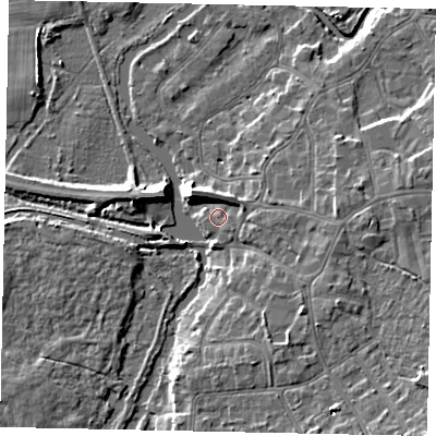 Shaded relief map of the ground around KT138HF, computed from Environment Agency LiDAR. The ground here sits at about 13 m above sea level and falls 11 m across the surrounding 800 m. Surface water reaching this point runs off ground lying to the north-east, 3.2 m higher.