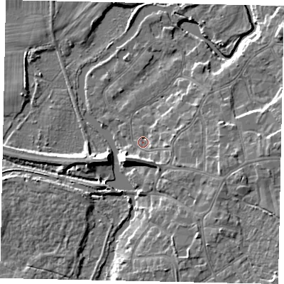 Shaded relief map of the ground around KT138HN, computed from Environment Agency LiDAR. The ground here sits at about 12 m above sea level and falls 10 m across the surrounding 800 m. Surface water reaching this point runs off ground lying to the south-south-west, 5.0 m higher.