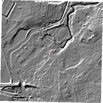 Shaded relief map of the ground around KT138HP, computed from Environment Agency LiDAR. The ground here sits at about 13 m above sea level and falls 10 m across the surrounding 800 m. Surface water reaching this point runs off ground lying to the south-south-east, 1.1 m higher.