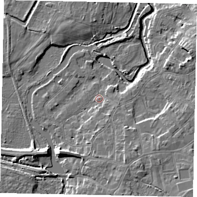 Shaded relief map of the ground around KT138HS, computed from Environment Agency LiDAR. The ground here sits at about 12 m above sea level and falls 9 m across the surrounding 800 m. Surface water reaching this point runs off ground lying to the south-south-east, 5.8 m higher.