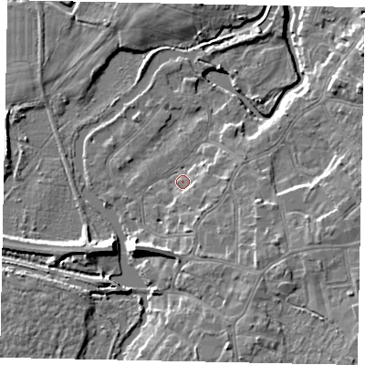 Shaded relief map of the ground around KT138HT, computed from Environment Agency LiDAR. The ground here sits at about 12 m above sea level and falls 9 m across the surrounding 800 m. Surface water reaching this point runs off ground lying to the south-south-east, 3.2 m higher.
