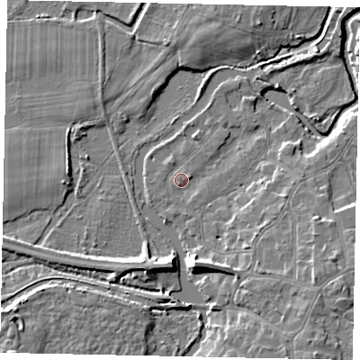 Shaded relief map of the ground around KT138HW, computed from Environment Agency LiDAR. The ground here sits at about 12 m above sea level and falls 9 m across the surrounding 800 m. Surface water reaching this point runs off ground lying to the east-north-east, 1.0 m higher.