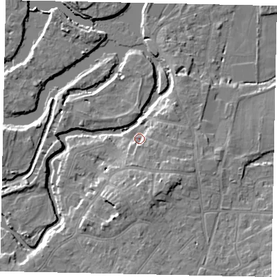 Shaded relief map of the ground around KT138JT, computed from Environment Agency LiDAR. The ground here sits at about 12 m above sea level and falls 10 m across the surrounding 800 m. Surface water reaching this point runs off ground lying to the south-east, 4.7 m higher.