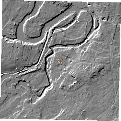 Shaded relief map of the ground around KT138JY, computed from Environment Agency LiDAR. The ground here sits at about 12 m above sea level and falls 10 m across the surrounding 800 m. Surface water reaching this point runs off ground lying to the south-east, 6.3 m higher.