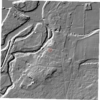 Shaded relief map of the ground around KT138LB, computed from Environment Agency LiDAR. The ground here sits at about 14 m above sea level and falls 10 m across the surrounding 800 m. Surface water reaching this point runs off ground lying to the south-east, 1.6 m higher.