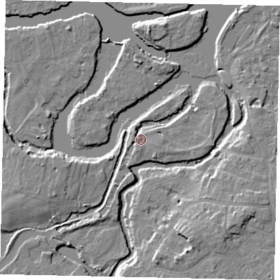 Shaded relief map of the ground around KT138LG, computed from Environment Agency LiDAR. The ground here sits at about 11 m above sea level and falls 9 m across the surrounding 800 m. Surface water reaching this point runs off ground lying to the south-south-west, 1.5 m higher.