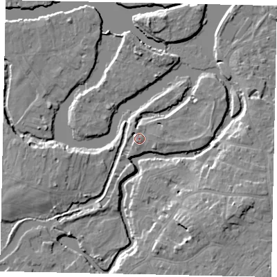 Shaded relief map of the ground around KT138LH, computed from Environment Agency LiDAR. The ground here sits at about 12 m above sea level and falls 9 m across the surrounding 800 m. Surface water reaching this point runs off ground lying to the south-west, 1.2 m higher.