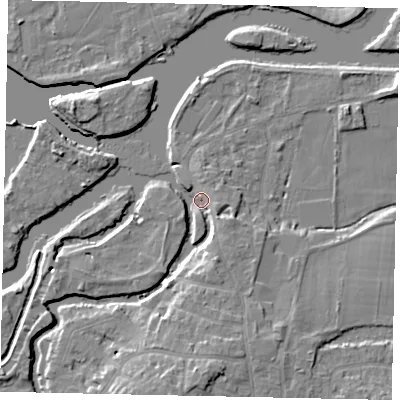 Shaded relief map of the ground around KT138LR, computed from Environment Agency LiDAR. The ground here sits at about 10 m above sea level and falls 9 m across the surrounding 800 m. Surface water reaching this point runs off ground lying to the south, 6.6 m higher.