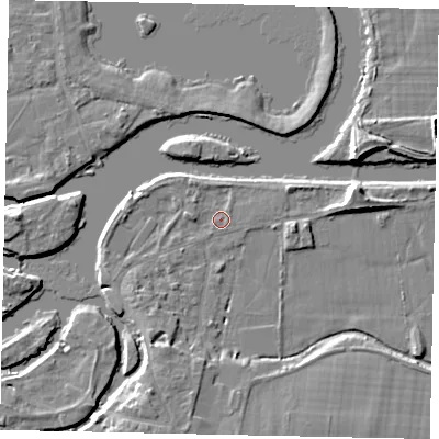 Shaded relief map of the ground around KT138LT, computed from Environment Agency LiDAR. The ground here sits at about 11 m above sea level and falls 7 m across the surrounding 800 m. Surface water reaching this point runs off ground lying to the south-west, 2.7 m higher.