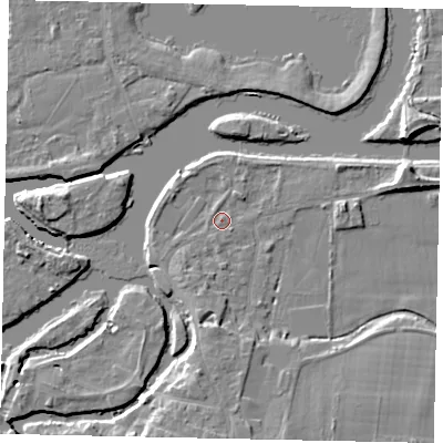 Shaded relief map of the ground around KT138LU, computed from Environment Agency LiDAR. The ground here sits at about 11 m above sea level and falls 7 m across the surrounding 800 m. Surface water reaching this point runs off ground lying to the south-south-west, 2.4 m higher.