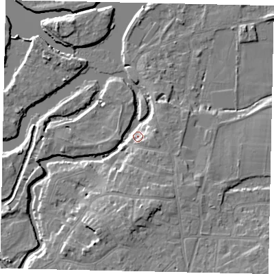 Shaded relief map of the ground around KT138LW, computed from Environment Agency LiDAR. The ground here sits at about 12 m above sea level and falls 9 m across the surrounding 800 m. Surface water reaching this point runs off ground lying to the east-north-east, 6.1 m higher.