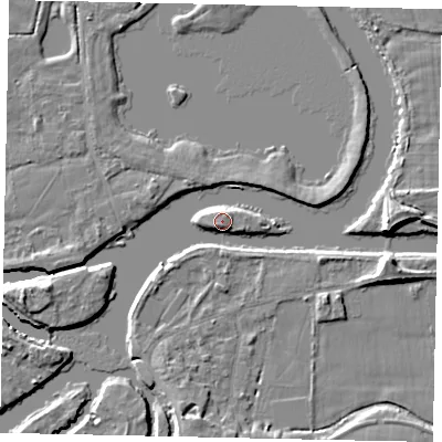 Shaded relief map of the ground around KT138LX, computed from Environment Agency LiDAR. The ground here sits at about 12 m above sea level and falls 7 m across the surrounding 800 m. Surface water reaching this point runs off ground lying to the south, 3.4 m higher.