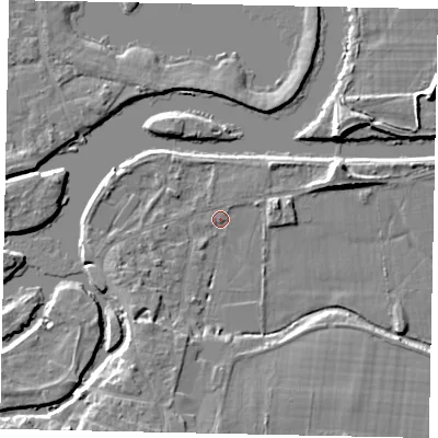 Shaded relief map of the ground around KT138LY, computed from Environment Agency LiDAR. The ground here sits at about 10 m above sea level and falls 8 m across the surrounding 800 m. Surface water reaching this point runs off ground lying to the west-south-west, 2.7 m higher.
