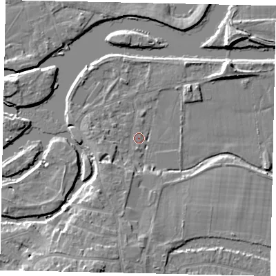 Shaded relief map of the ground around KT138NE, computed from Environment Agency LiDAR. The ground here sits at about 10 m above sea level and falls 9 m across the surrounding 800 m. Surface water reaching this point runs off ground lying to the south-west, 3.8 m higher.
