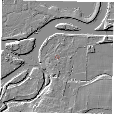 Shaded relief map of the ground around KT138NF, computed from Environment Agency LiDAR. The ground here sits at about 11 m above sea level and falls 8 m across the surrounding 800 m. Surface water reaching this point runs off ground lying to the south-west, 2.1 m higher.