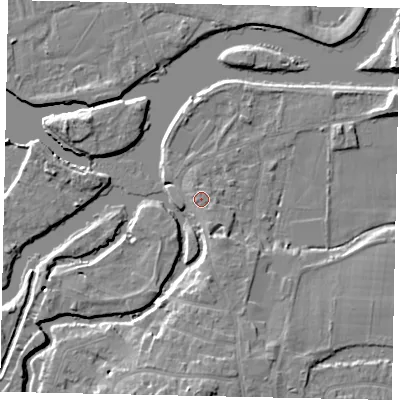 Shaded relief map of the ground around KT138NG, computed from Environment Agency LiDAR. The ground here sits at about 12 m above sea level and falls 9 m across the surrounding 800 m. Surface water reaching this point runs off ground lying to the west-south-west, 1.2 m higher.