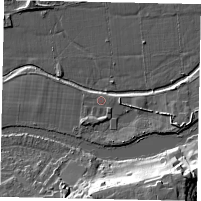 Shaded relief map of the ground around KT138QA, computed from Environment Agency LiDAR. The ground here sits at about 12 m above sea level and falls 21 m across the surrounding 800 m. The ground contributing surface water to this point lies to the south-east.