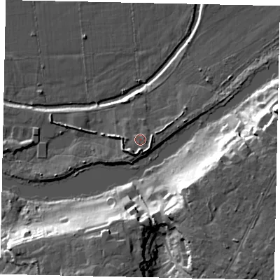 Shaded relief map of the ground around KT138QB, computed from Environment Agency LiDAR. The ground here sits at about 13 m above sea level and falls 23 m across the surrounding 800 m. Surface water reaching this point runs off ground lying to the south-south-east, 2.2 m higher.
