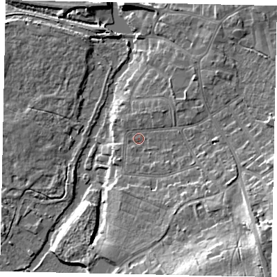 Shaded relief map of the ground around KT138XD, computed from Environment Agency LiDAR. The ground here sits at about 15 m above sea level and falls 18 m across the surrounding 800 m. Surface water reaching this point runs off ground lying to the south-east, 14.6 m higher.