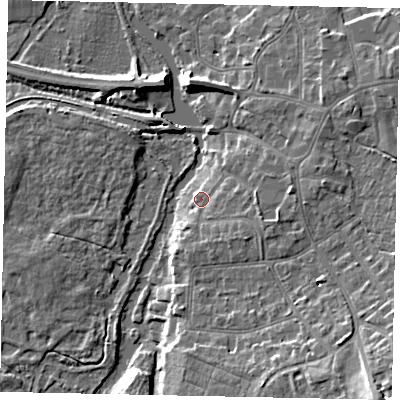 Shaded relief map of the ground around KT138XF, computed from Environment Agency LiDAR. The ground here sits at about 14 m above sea level and falls 15 m across the surrounding 800 m. Surface water reaching this point runs off ground lying to the east-south-east, 4.8 m higher.