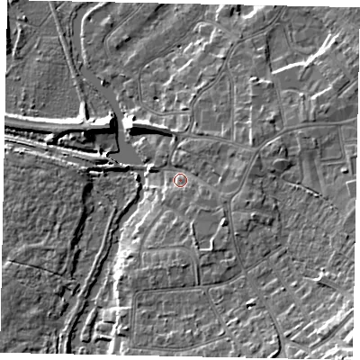 Shaded relief map of the ground around KT138XS, computed from Environment Agency LiDAR. The ground here sits at about 15 m above sea level and falls 14 m across the surrounding 800 m. Surface water reaching this point runs off ground lying to the east-south-east, 3.7 m higher.
