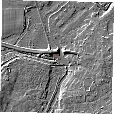 Shaded relief map of the ground around KT138XX, computed from Environment Agency LiDAR. The ground here sits at about 12 m above sea level and falls 9 m across the surrounding 800 m. Surface water reaching this point runs off ground lying to the east-north-east, 6.3 m higher.