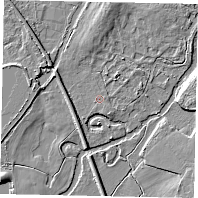 Shaded relief map of the ground around KT138XY, computed from Environment Agency LiDAR. The ground here sits at about 13 m above sea level and falls 6 m across the surrounding 800 m. Surface water reaching this point runs off ground lying to the south-east, 0.7 m higher.