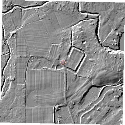 Shaded relief map of the ground around KT138XZ, computed from Environment Agency LiDAR. The ground here sits at about 12 m above sea level and falls 6 m across the surrounding 800 m. Surface water reaching this point runs off ground lying to the south, 1.9 m higher.