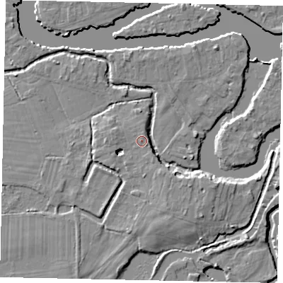 Shaded relief map of the ground around KT138YA, computed from Environment Agency LiDAR. The ground here sits at about 12 m above sea level and falls 6 m across the surrounding 800 m. Surface water reaching this point runs off ground lying to the south-south-east, 5.1 m higher.